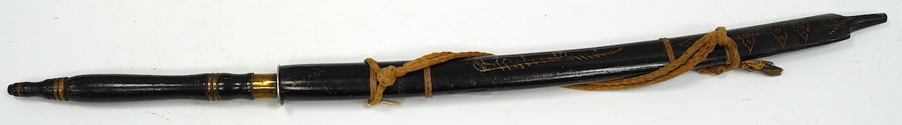 A Thai sword Dha, with a lacquered hilt and wooden scabbard, blade 56cm. Condition - fair